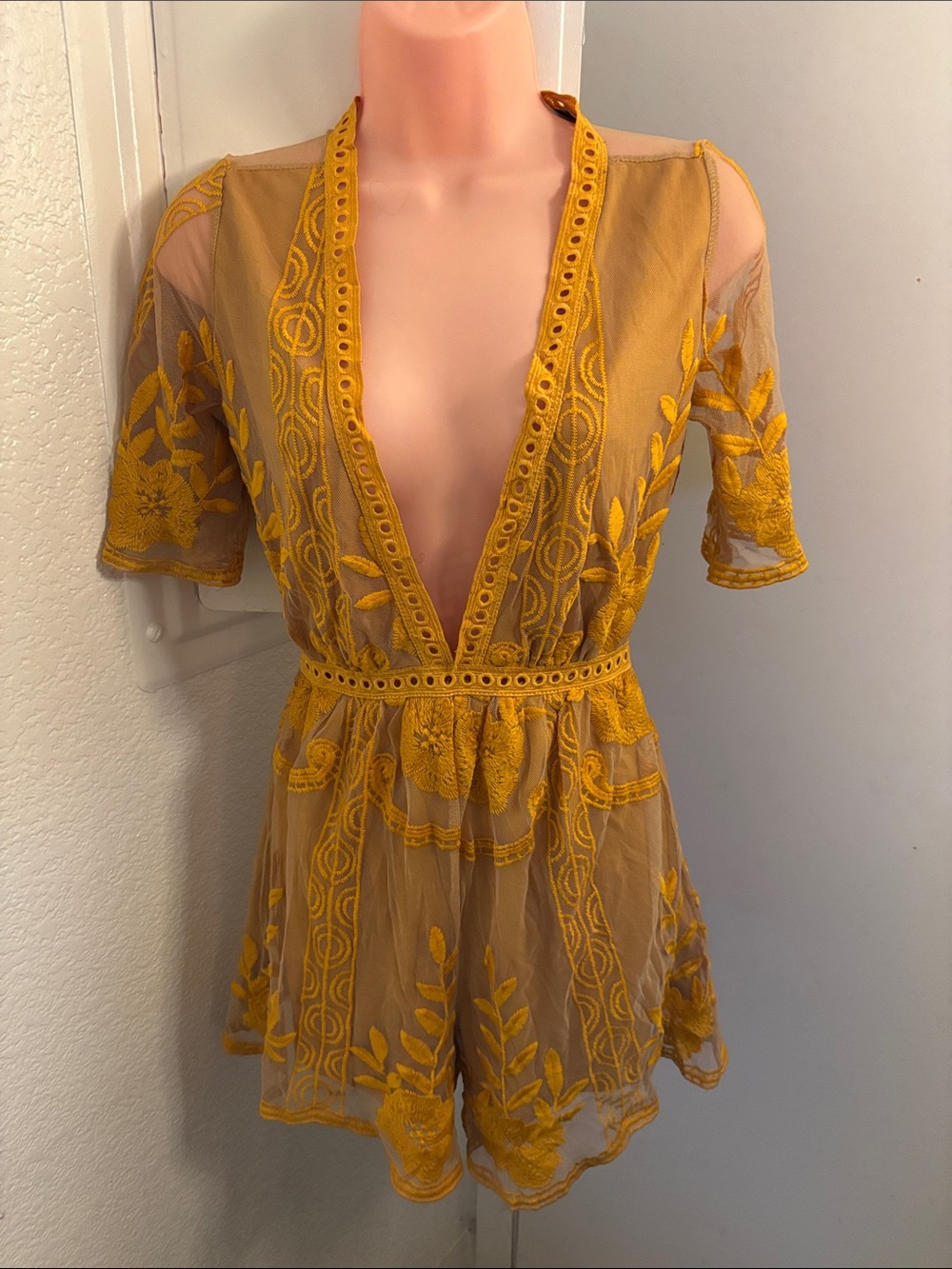 The Vintage Shop Yellow Sheer Embroidered Romper